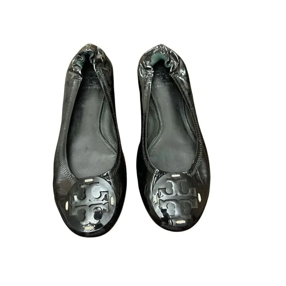 Torry Burch Patent Flat Ballet Black Leather Shoes Size 9Mp